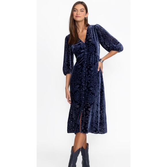 Johnny Was Jade Ryan Velvet Midi Dress Bohemian Navy Blue Petite XS Long Sleeve - Picture 2 of 9